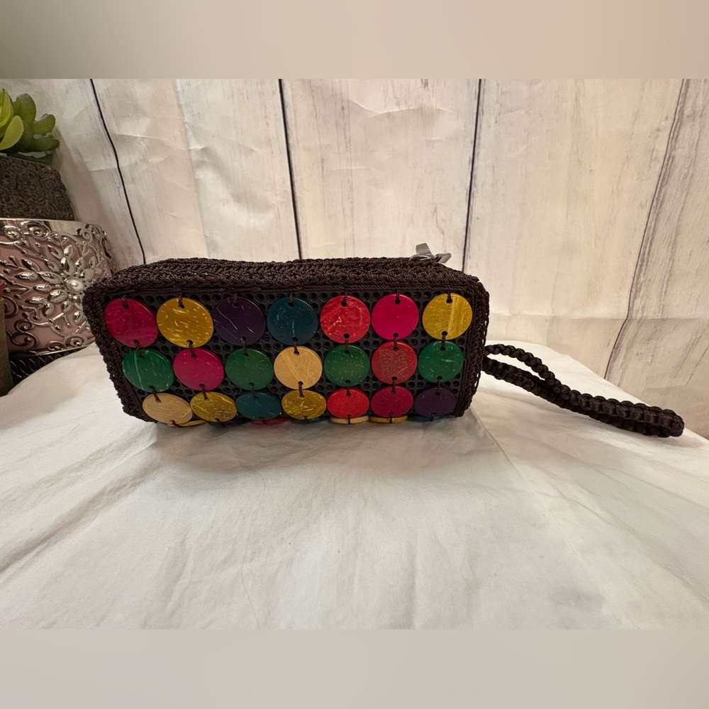 Brown and Red Artistic Clutch with Coconut Shell Accents